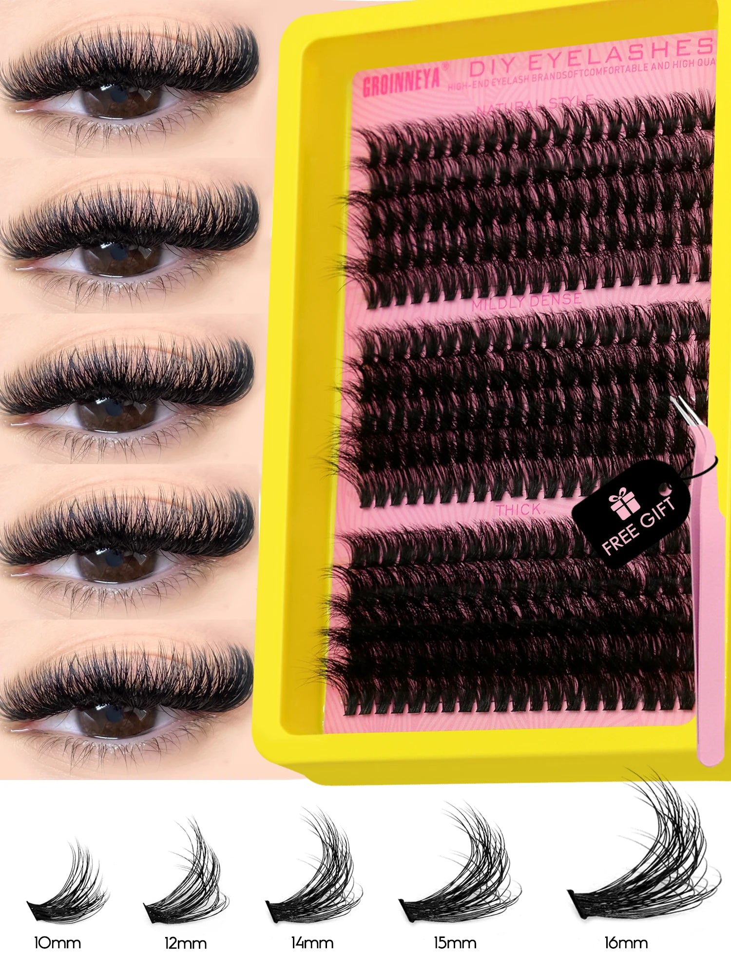 GROINNEYA Cluster Lashes Kit Individual Lashes Volume Mixed Tray 3D Faux Mink Lashes Wispy Eyelash Extension Makeup